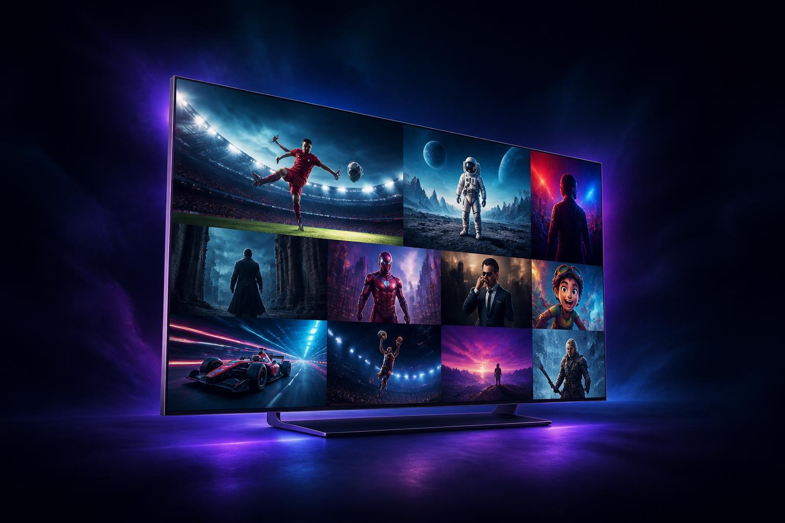 Smart TV exibindo canais, filmes e esportes em 4K